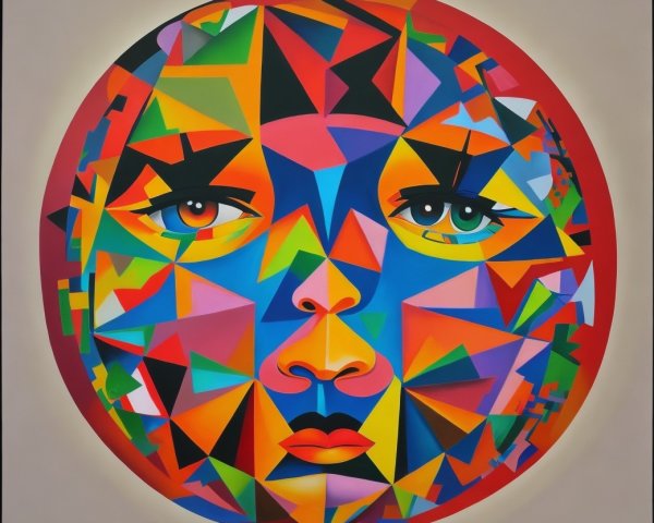 Colorful Geometric Face Artwork in Circular Frame