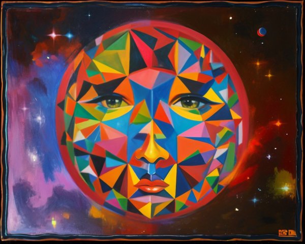 Geometric Moon Face with Cosmic Background Art