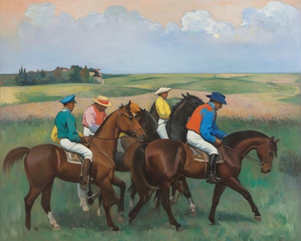 Jockeys on Horses in Verdant Field Under Blue Sky