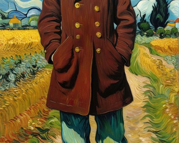 Young boy in coat on path with vibrant sky backdrop