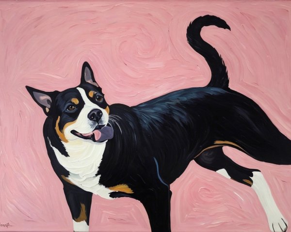 Vibrant Painting of a Playful Black Dog with Tan Accents