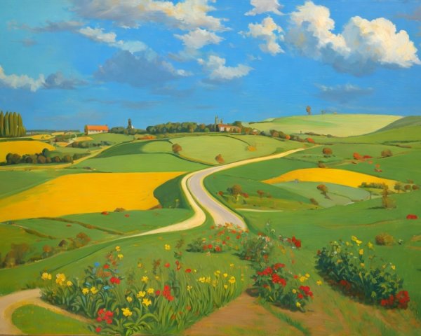 Vibrant Countryside Landscape with Rolling Hills and Flowers