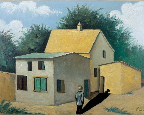 Solitary Figure with Quaint Houses and Lush Trees