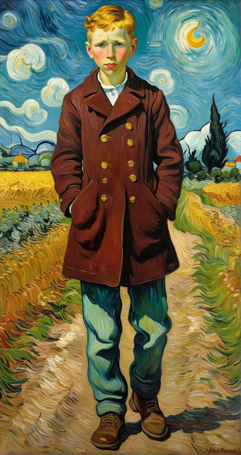 Young boy in coat on path with vibrant sky backdrop