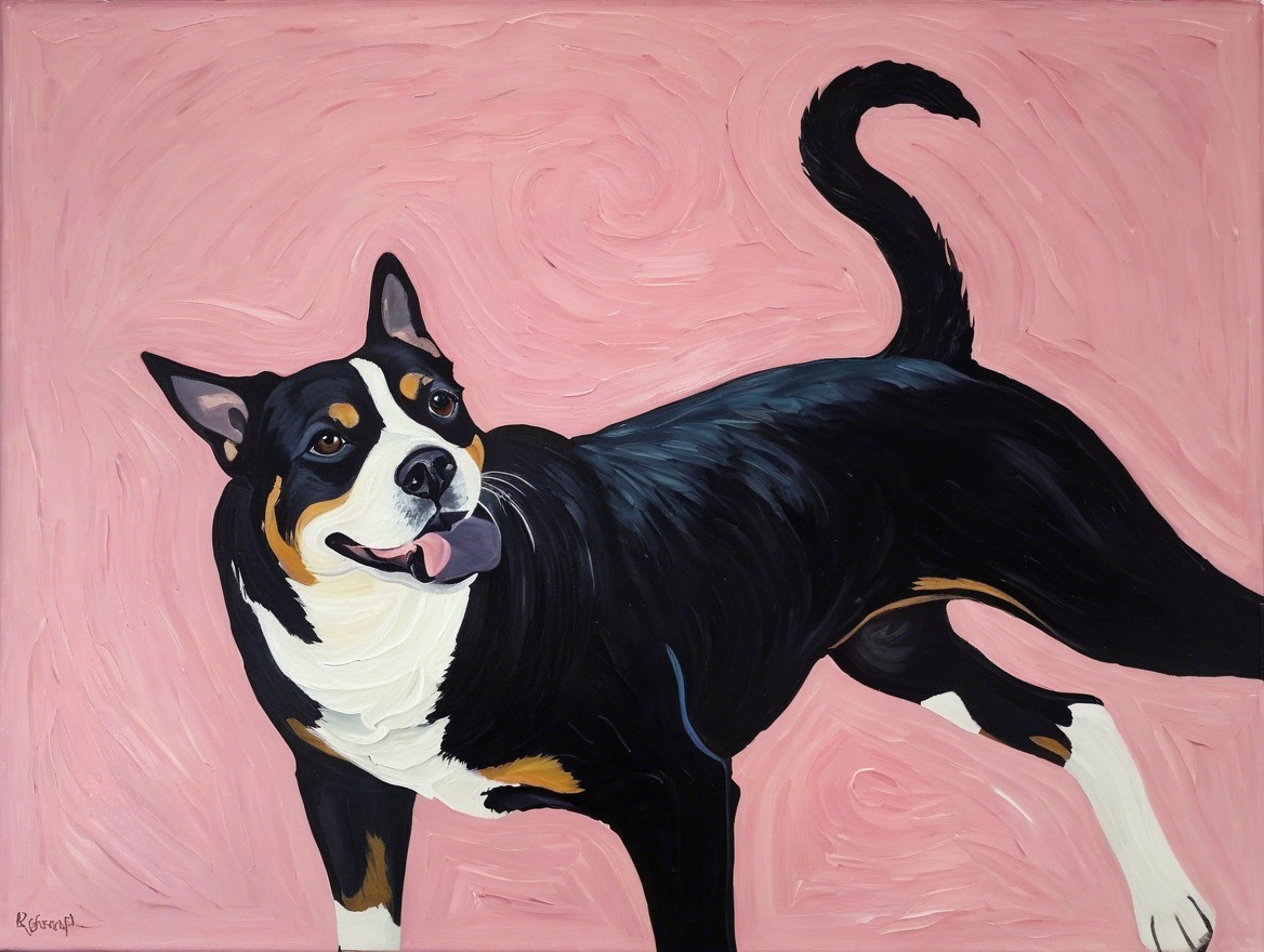 Vibrant Painting of a Playful Black Dog with Tan Accents