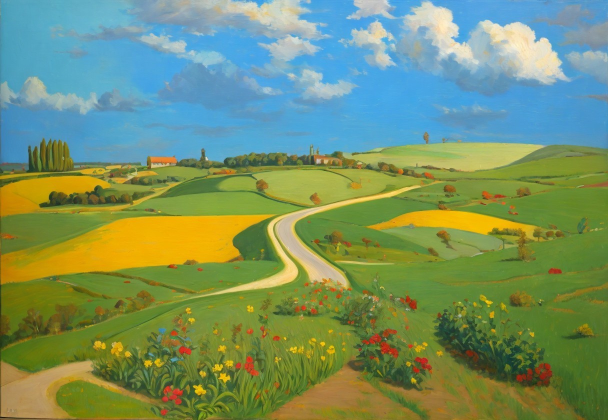Vibrant Countryside Landscape with Rolling Hills and Flowers