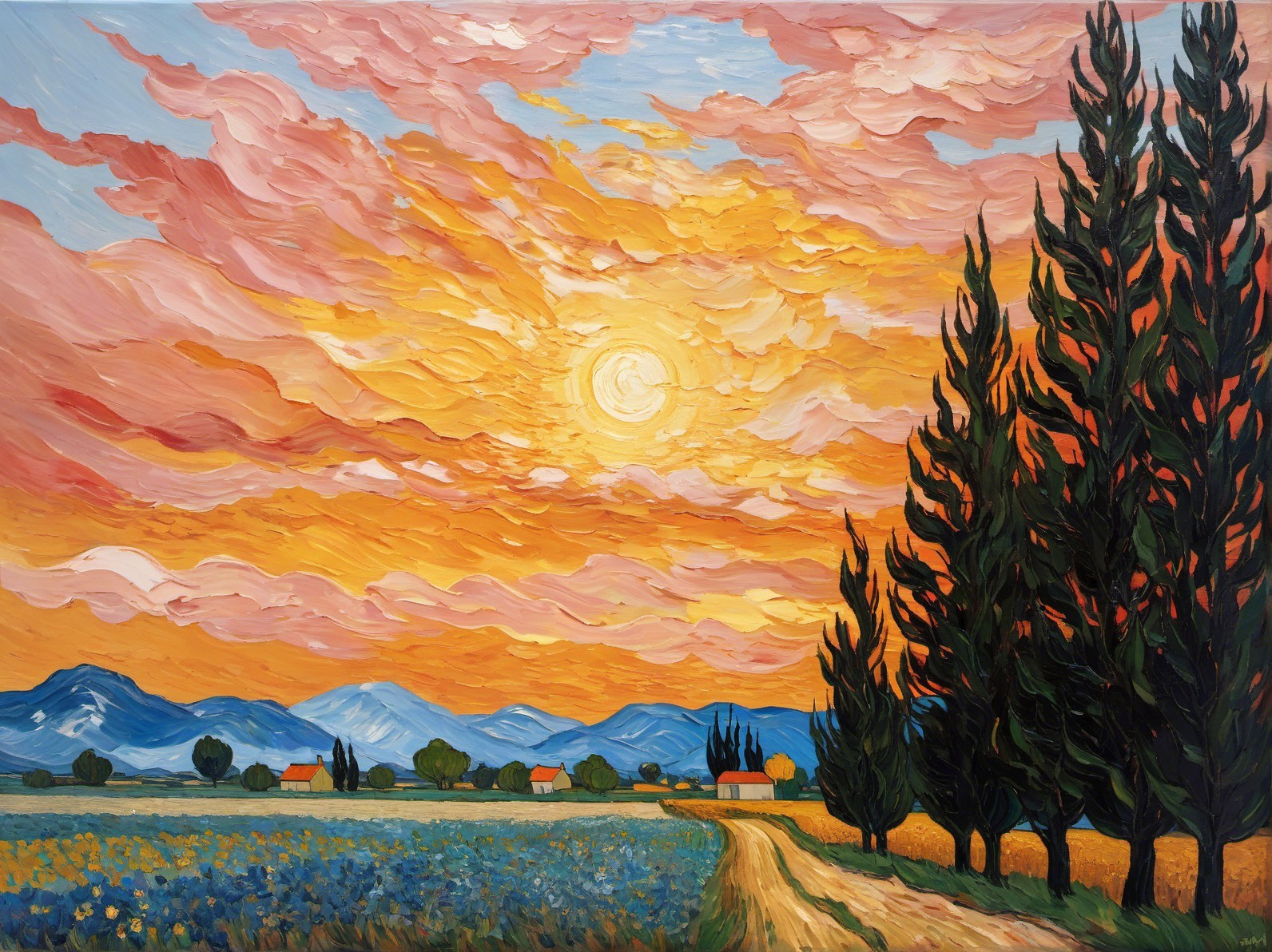 Impressionistic Oil Painting of Sunset Over Landscape