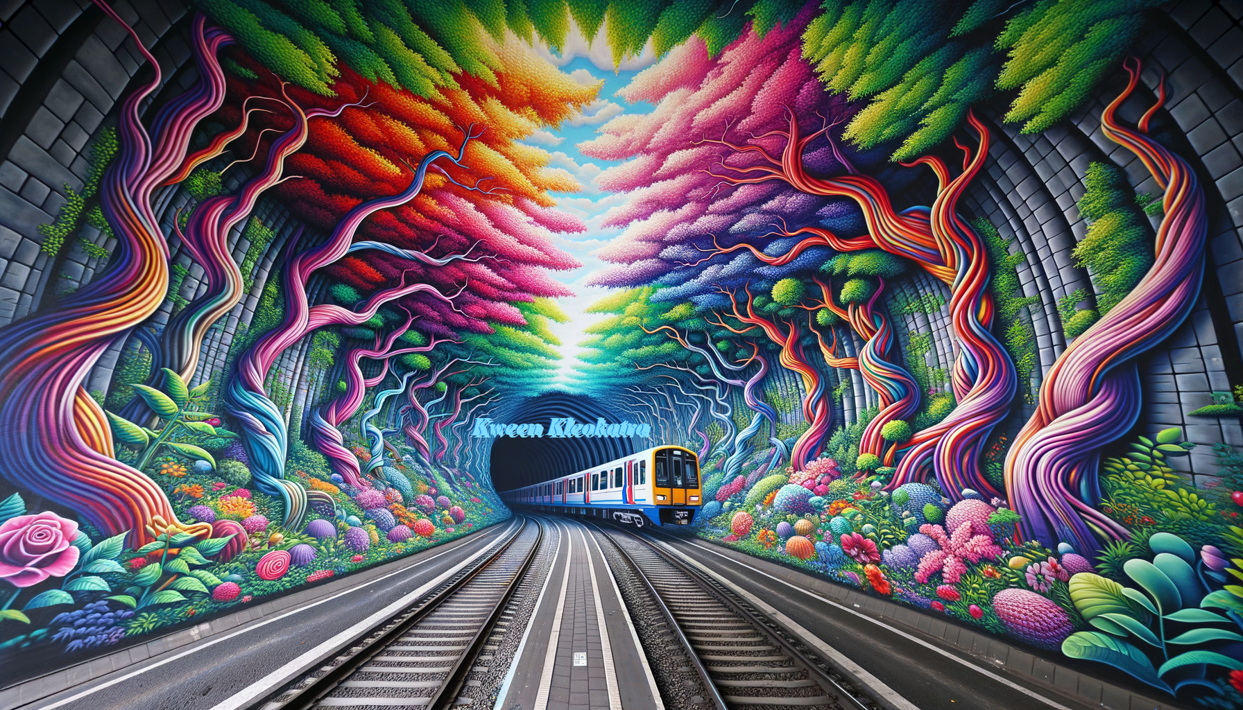 Vibrant Graffiti of Train Entering Tunnel with Patterns