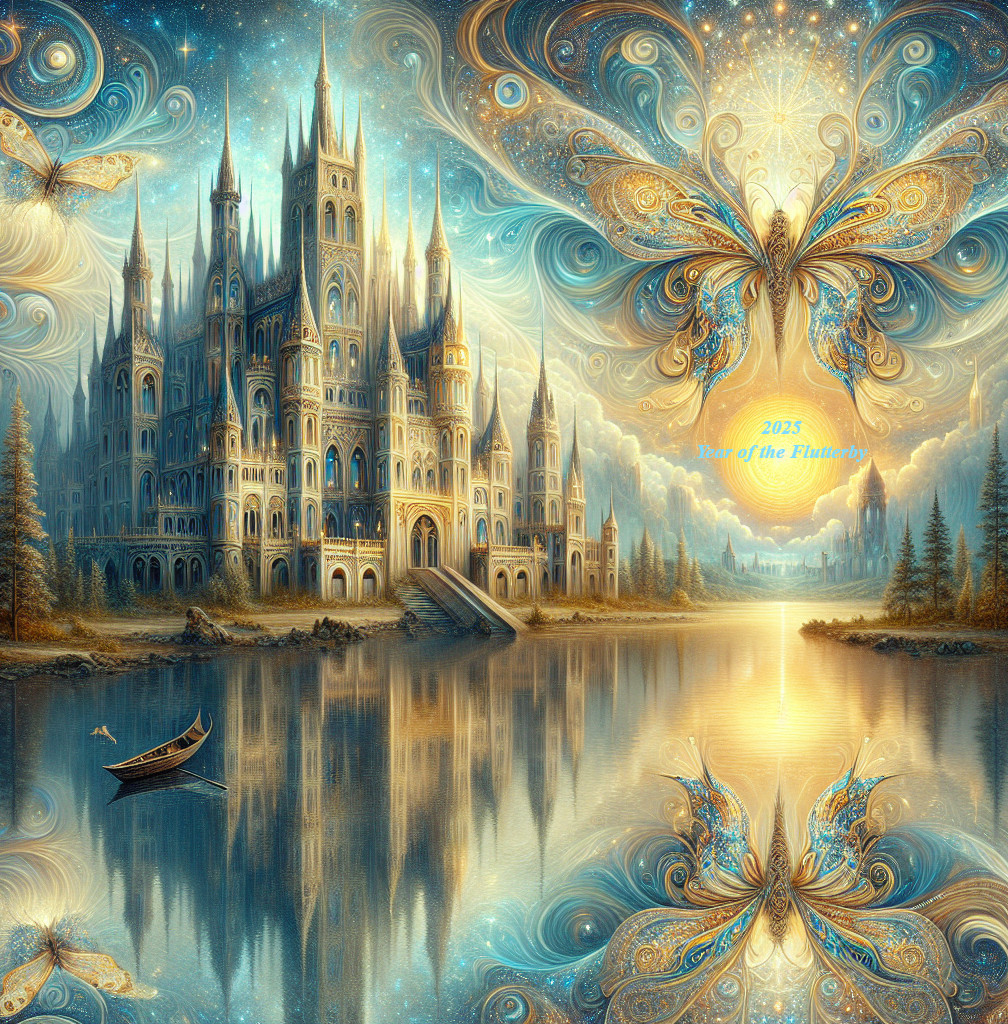 Majestic castle amidst clouds and serene lake reflection