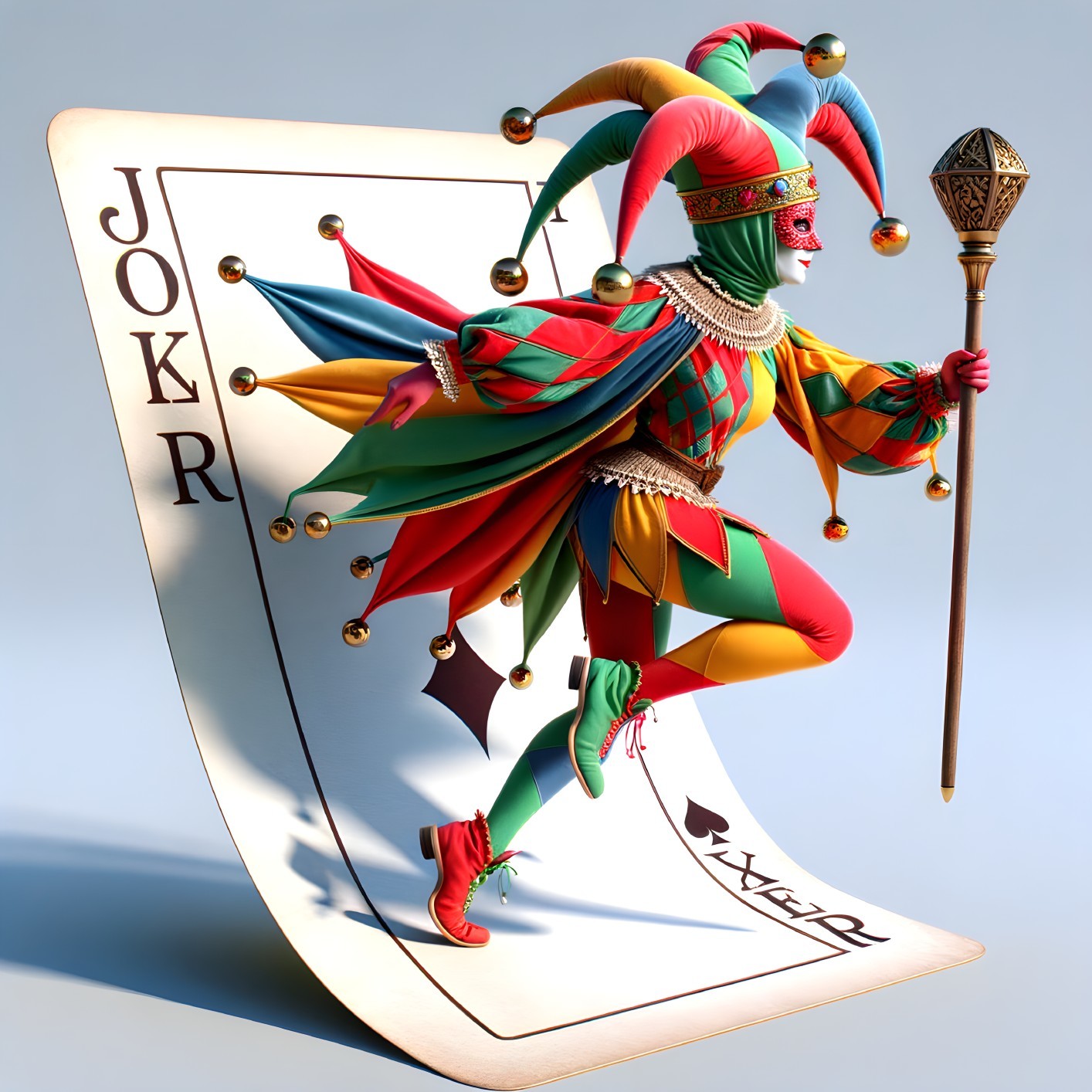 Colorful Joker 3D illustration bursting from playing card