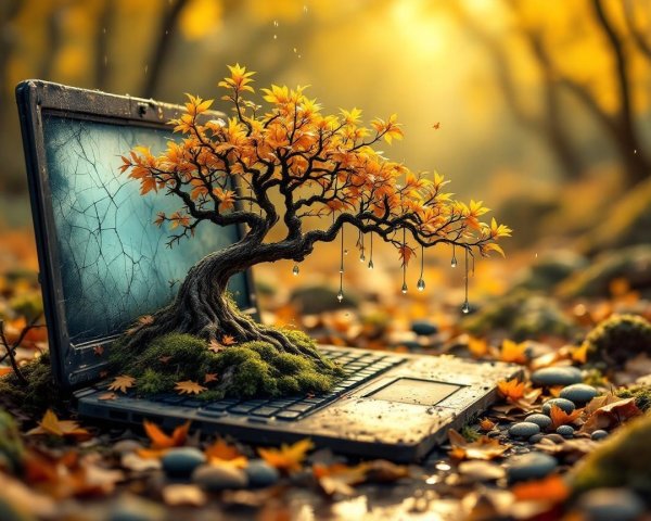 Laptop in Autumn Landscape with Miniature Tree