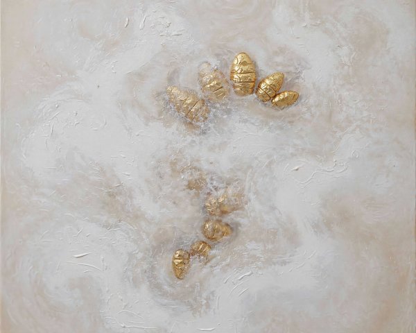 Abstract painting with textured white background and gold shapes