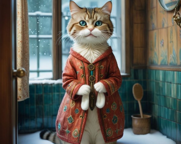 Fluffy Tabby Cat in Red Coat on Snowy Ledge