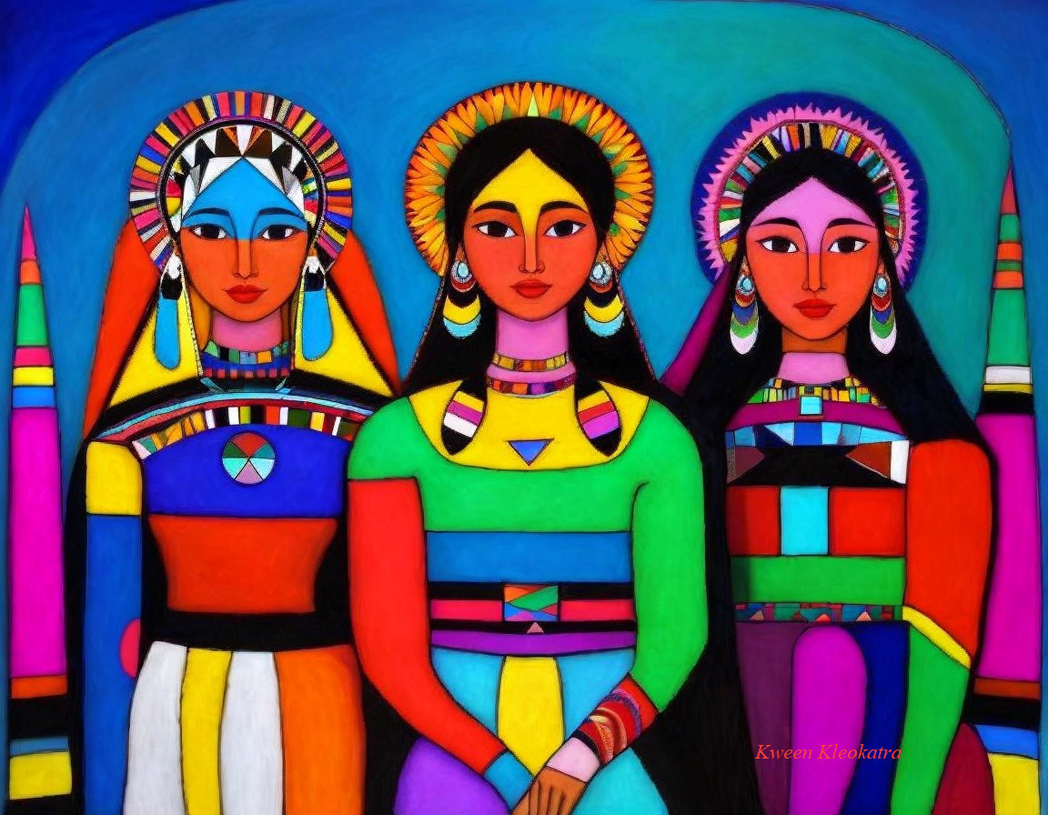 Colorful Traditional Attire on Stylized Women Against Vibrant Blue Background