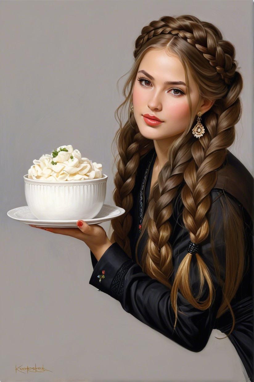 Young woman with ornate bowl of whipped cream