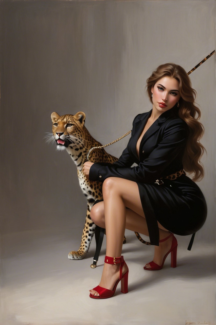 Stylish Woman with Leopard in Elegant Setting