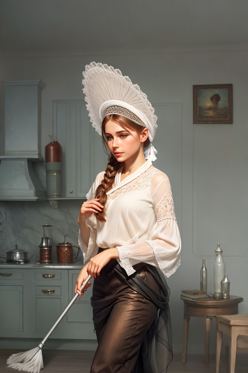 Young Woman in Vintage Kitchen with Broom and Hat