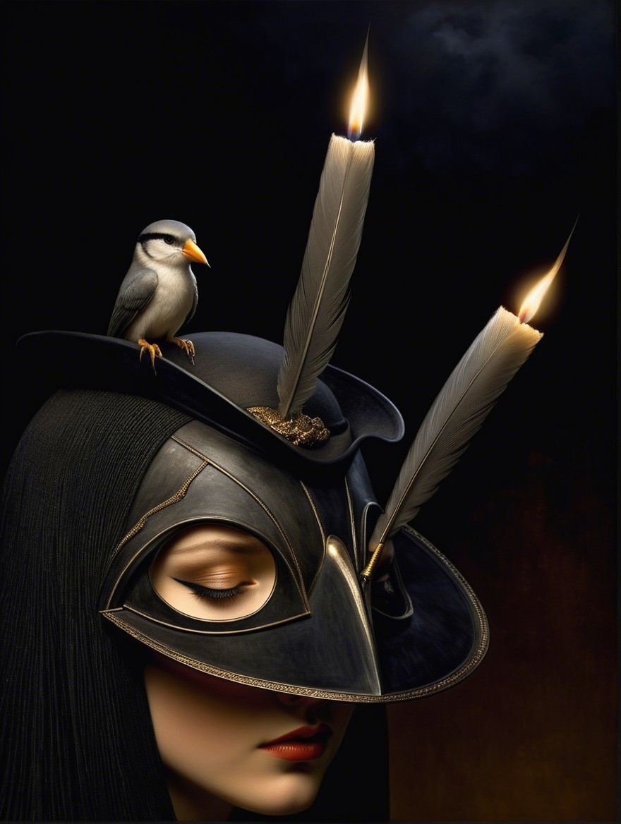 Woman in Black Mask with Candles and Feathers