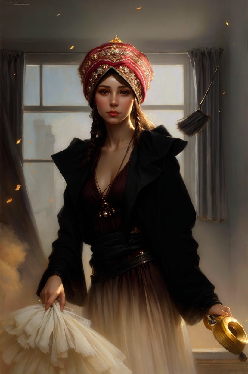 Young woman in stylish outfit with headpiece in warm room