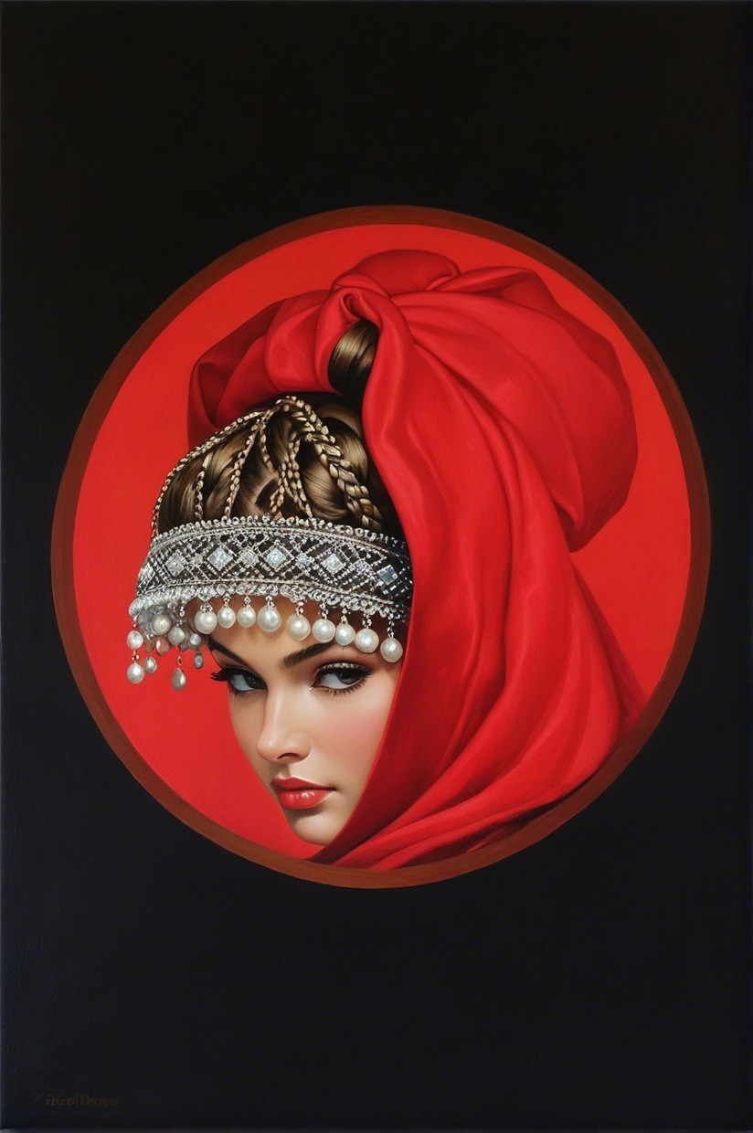 Portrait of a woman with red scarf and striking features