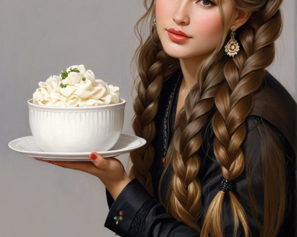 Young woman with ornate bowl of whipped cream