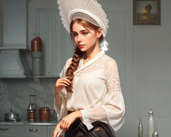 Young Woman in Vintage Kitchen with Broom and Hat