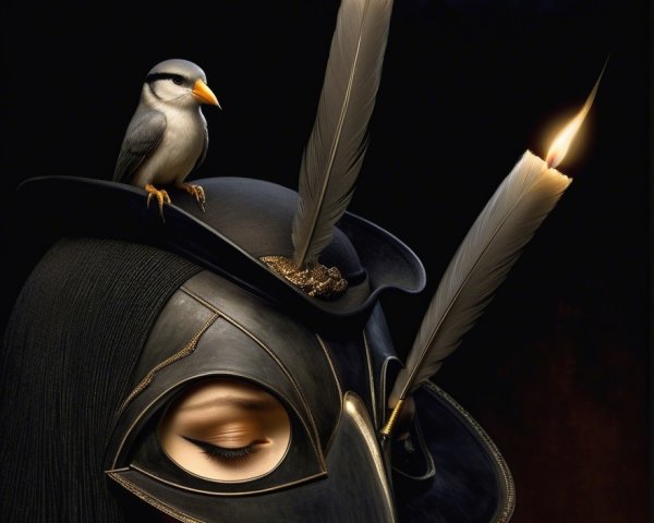 Woman in Black Mask with Candles and Feathers