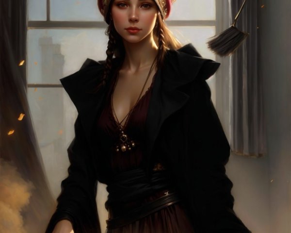Young woman in stylish outfit with headpiece in warm room