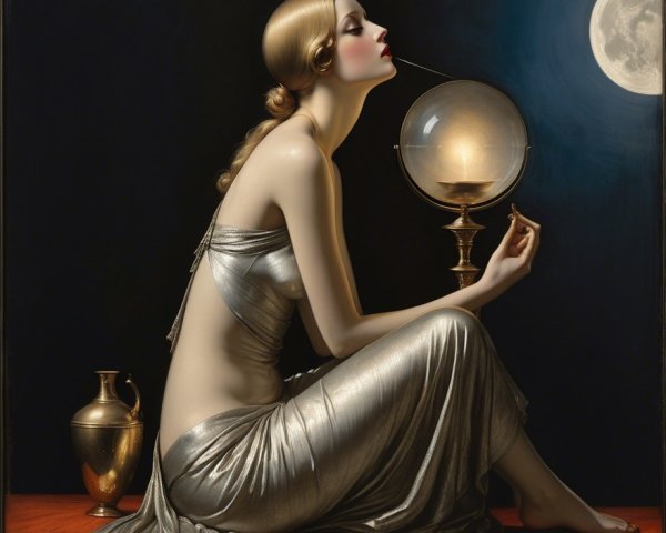 Graceful Woman in Silver Gown with Glass Orb
