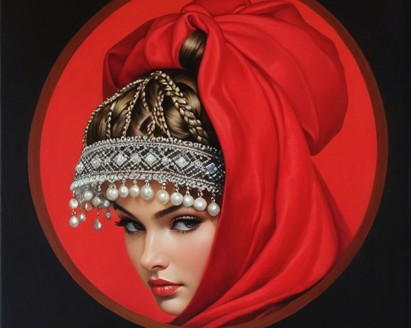 Portrait of a woman with red scarf and striking features