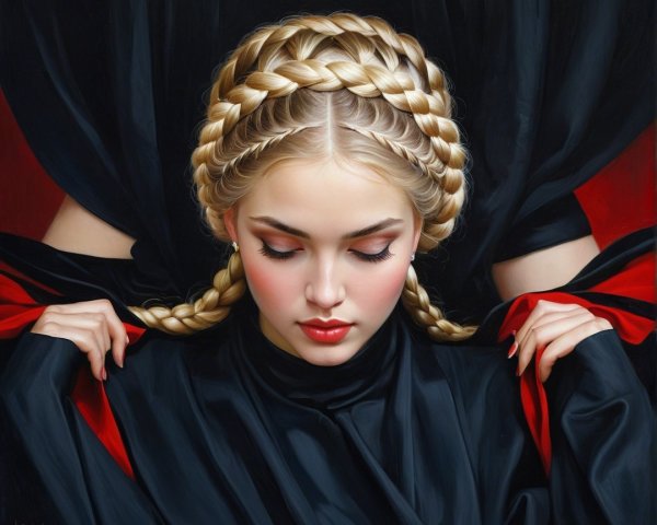 Young Woman with Braided Hair in Elegant Black Garment