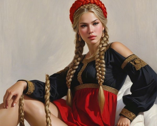 Young Woman in Traditional Dress with Apples on Bed