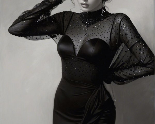 Elegant Black Dress with Sparkles and Sheer Sleeves