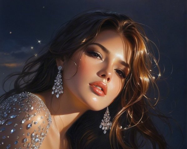 Glamorous Woman in Sparkling Outfit Under Moonlit Sky