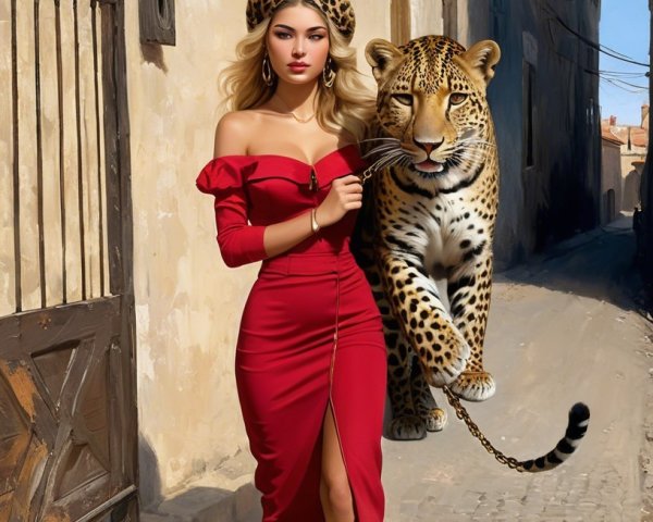 Woman in Red Dress with Leopard on Cobblestone Street