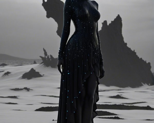 Surreal Landscape with Figure in Elegant Black Gown