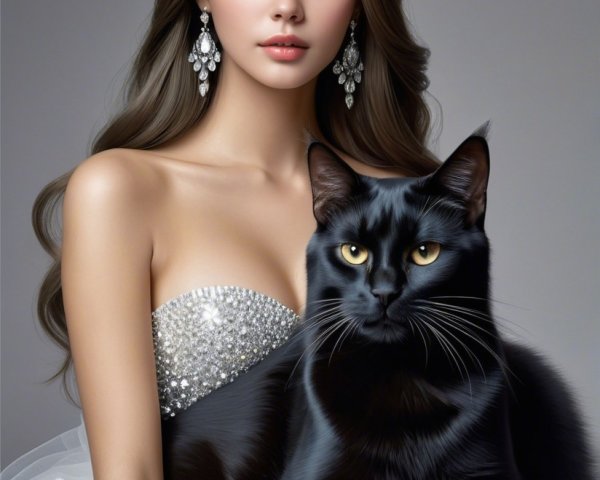 Glamorous Woman in Sequined Gown with Black Cat
