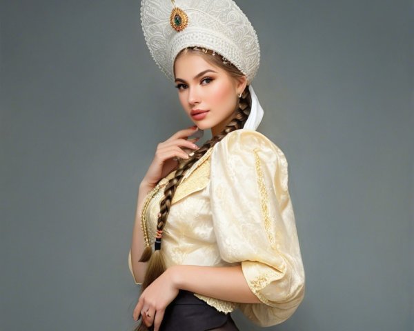 Young Woman in Traditional Russian Outfit with Headdress
