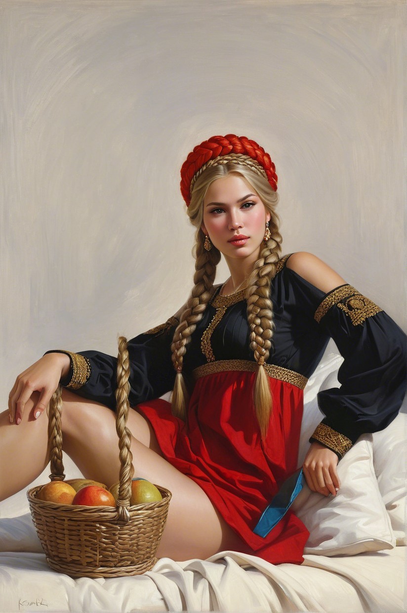 Young Woman in Traditional Dress with Apples on Bed