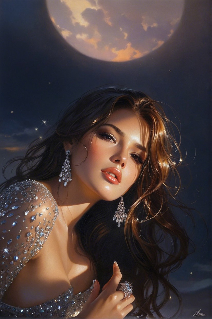 Glamorous Woman in Sparkling Outfit Under Moonlit Sky