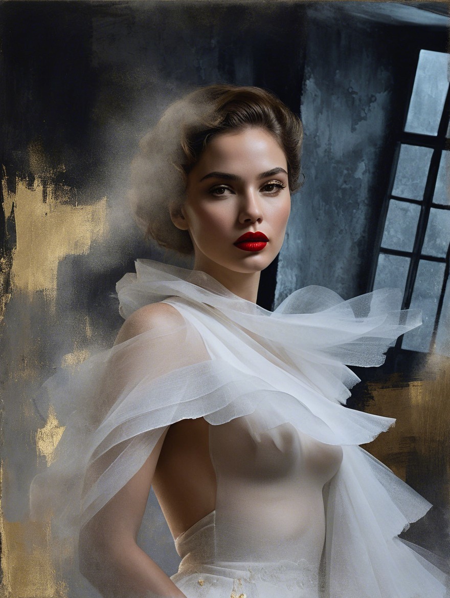 Close-up of a female model in an ethereal dress