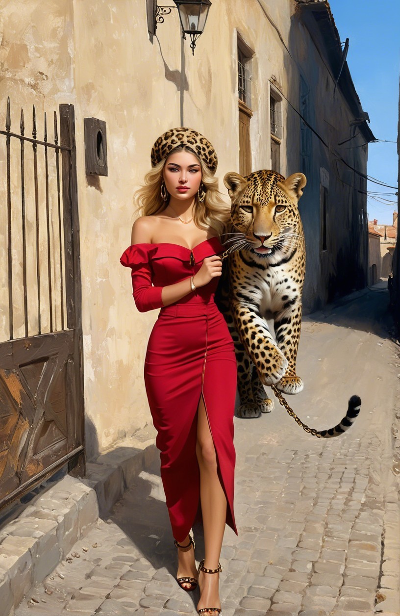 Woman in Red Dress with Leopard on Cobblestone Street