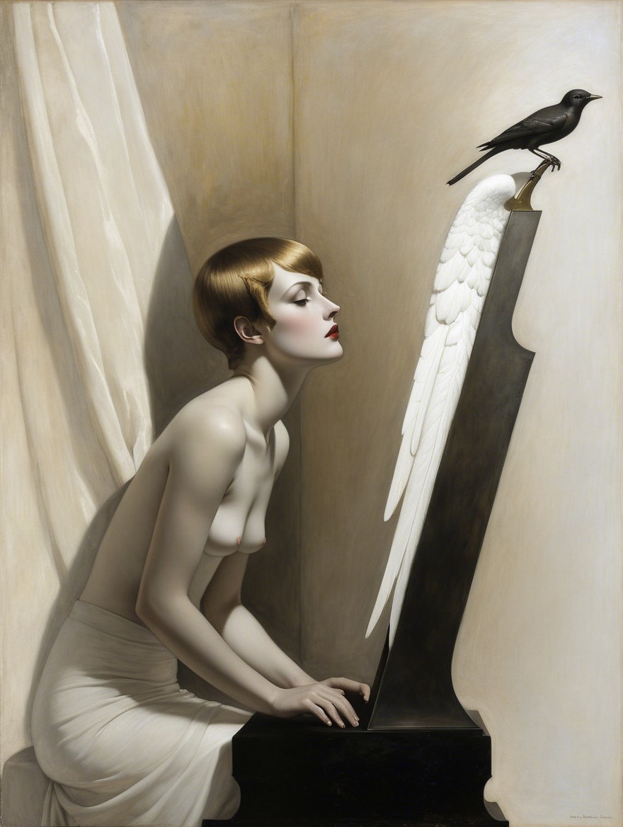 Ethereal Woman in Contemplation with Black Bird