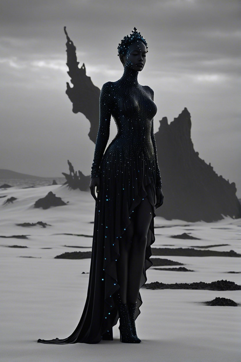 Surreal Landscape with Figure in Elegant Black Gown
