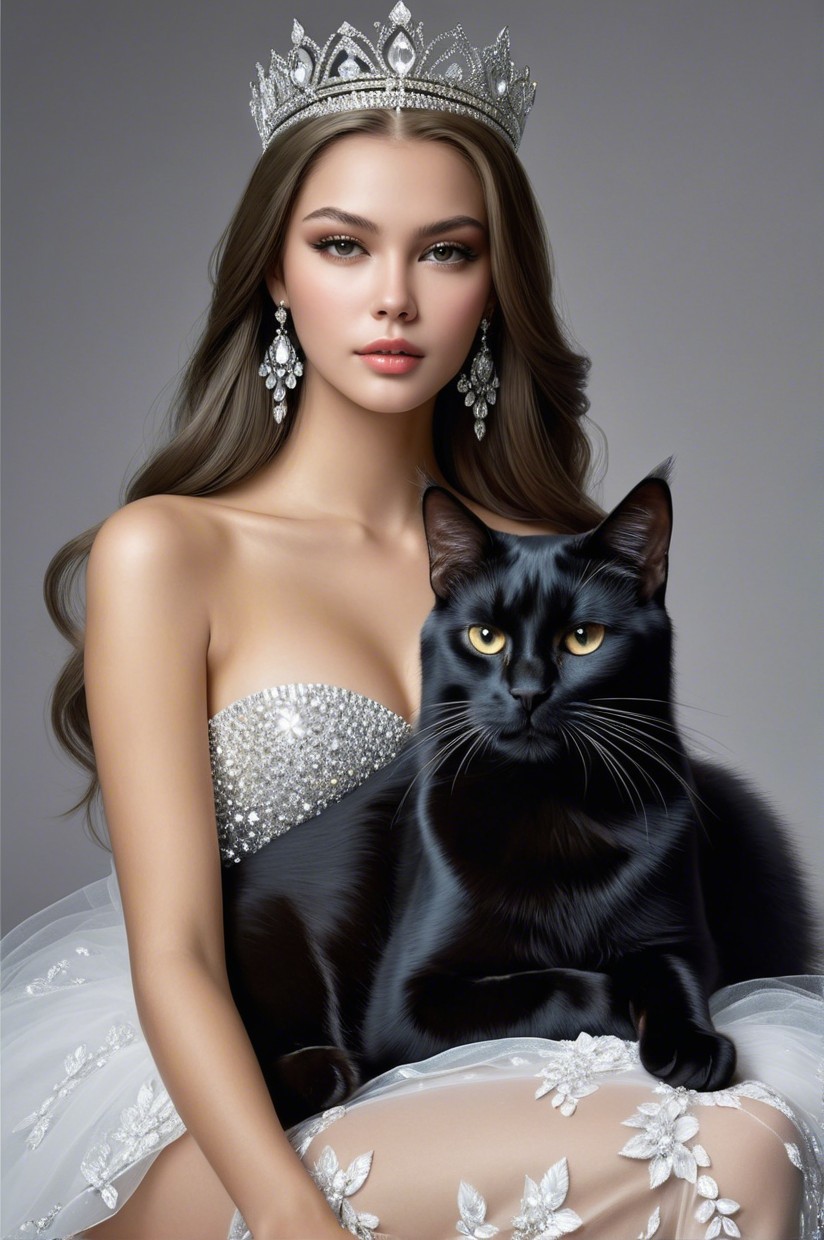 Glamorous Woman in Sequined Gown with Black Cat