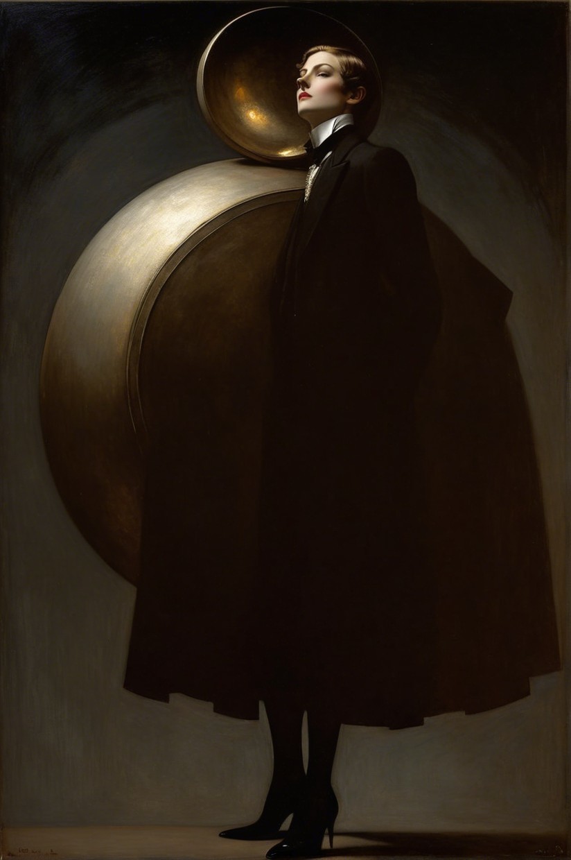 Elegant Figure in Black Suit with Golden Structure