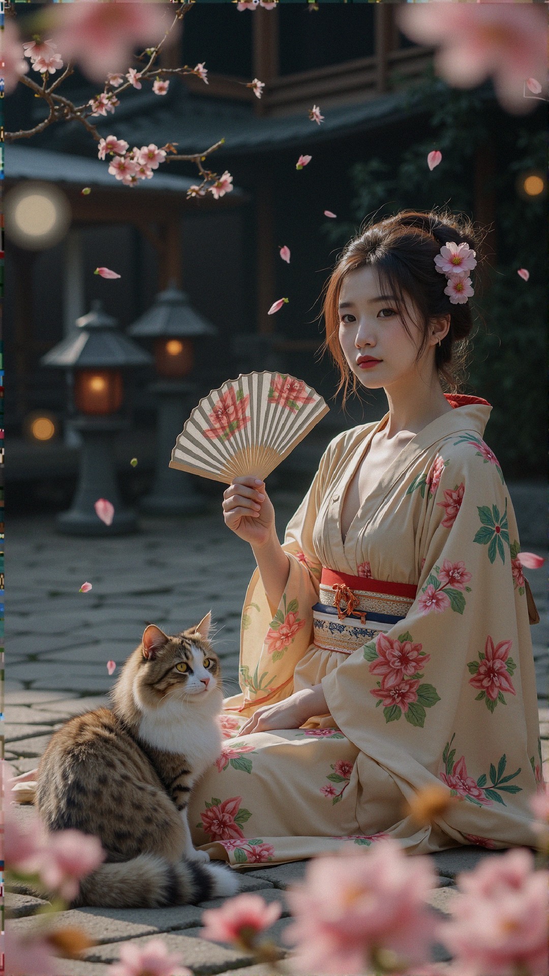 Cherry Blossom Garden with Woman and Cat Scene