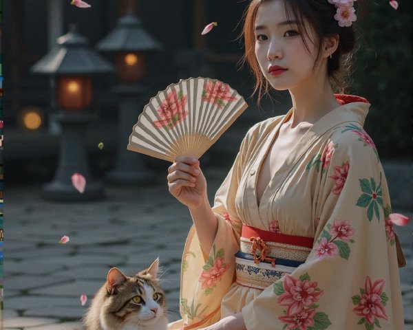 Cherry Blossom Garden with Woman and Cat Scene