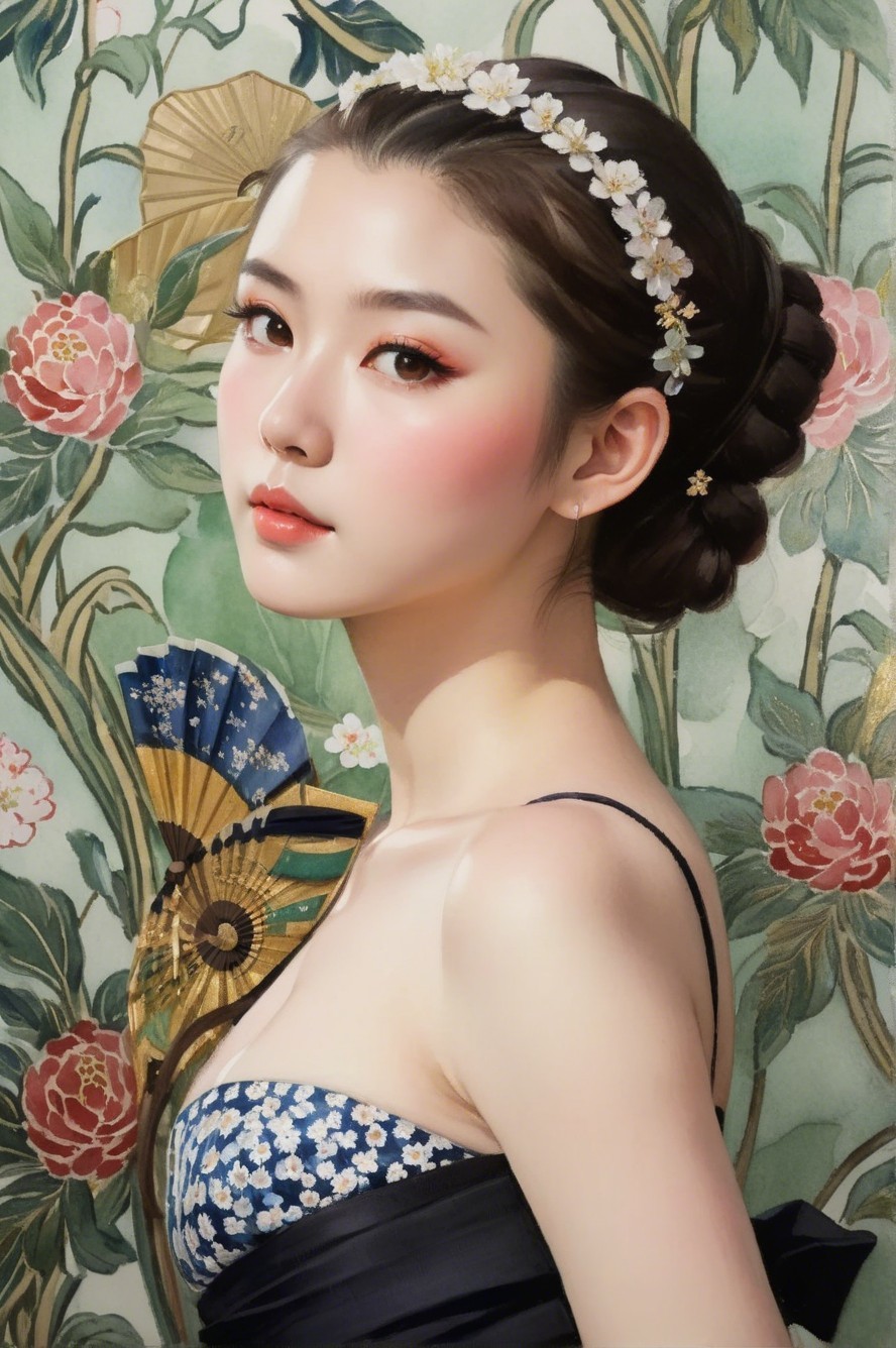 Portrait of a Young Woman with Floral Elements