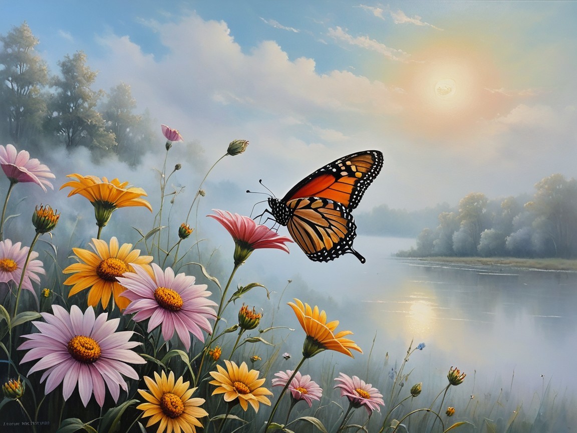 Tranquil River Landscape with Blooming Daisies and Mist